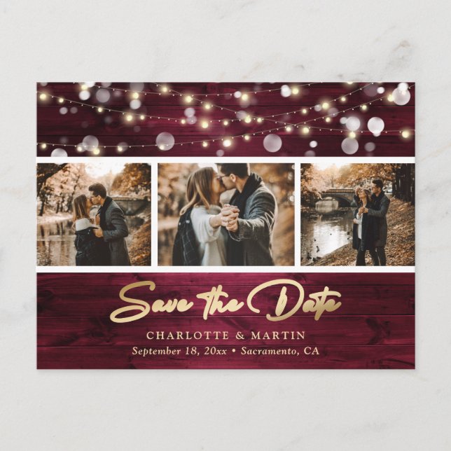 Elegant Rustic Burgundy Gold Foil Wedding Photo Announcement Postcard (Front)