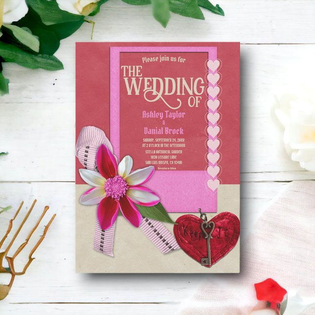 Elegant Rustic Calligraphy Red Heart Bow Wedding Invitation (Creator Uploaded)