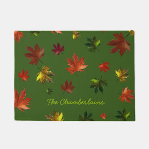 Elegant Rustic Canadian Maple Leaf on Green Doormat