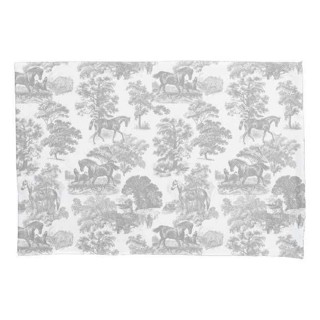 Elegant Rustic Chic Grey White Horses Toile Pillowcase (Front-Left)