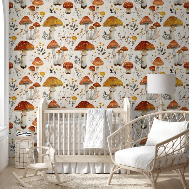 Elegant Rustic Chic Mushroom Garden Fabric Pattern Wallpaper (Kids)