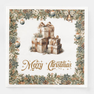 Elegant rustic Christmas holly and gold presents Napkin