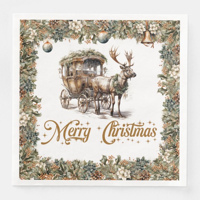 Elegant rustic Christmas holly Reindeer sleigh Napkin (Front)