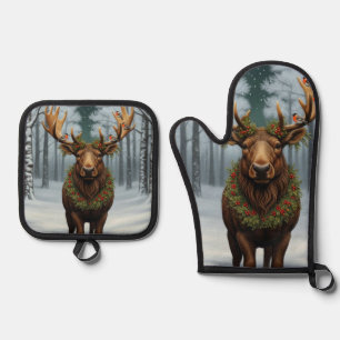Elegant rustic Christmas moose winter landscape Oven Mitt & Pot Holder Set