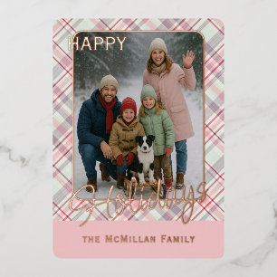 Elegant Rustic Classy Plaid Pattern Gold Foil Holiday Card