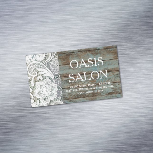 elegant rustic country white lace blue barn wood 	Magnetic business card (In Situ)