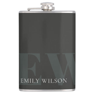 Elegant Rustic Dark Dusky Green Black Monogram Hip Flask