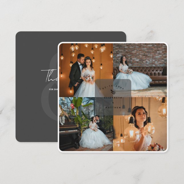 Elegant Rustic Dark Grey 4 Photo Collage Wedding Thank You Card (Front/Back)