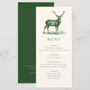 Elegant Rustic Deer Stag Fall Green Hunting Dinner Menu
