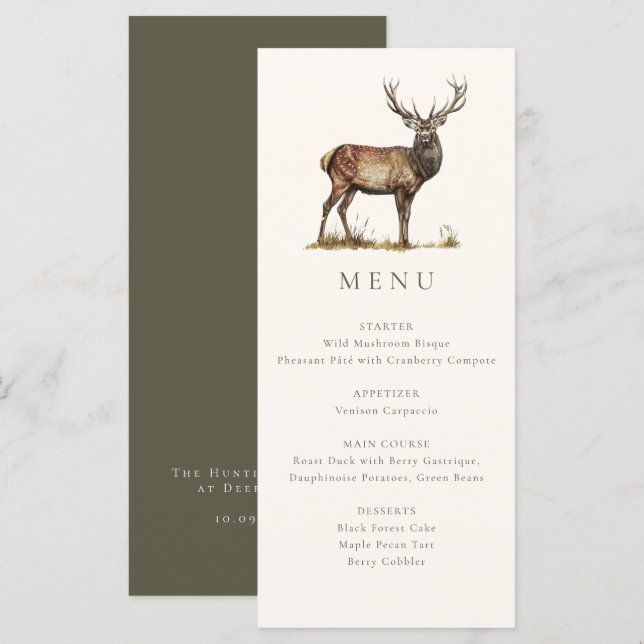Elegant Rustic Deer Stag Fall Hunting Dinner Menu (Front/Back)