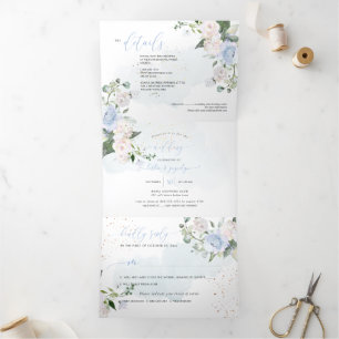 Elegant Rustic Dusty Blue Watercolor Roses Tri-Fold Invitation