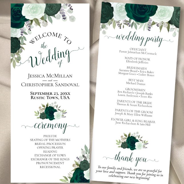 Elegant Rustic Emerald Green Roses Wedding Program (Front/Back)