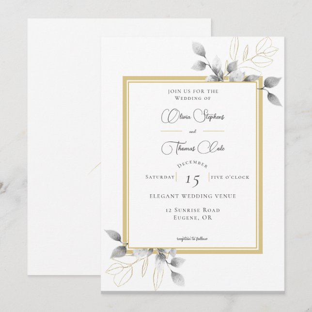 Elegant Rustic Eucalyptus Calligraphy Gold Wedding Invitation (Front/Back)