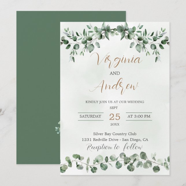 Elegant Rustic Eucalyptus Leaves Greenery Wedding Invitation (Front/Back)