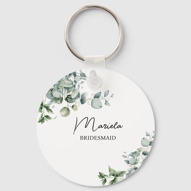 Elegant rustic eucalyptus personalized keychain (Front)