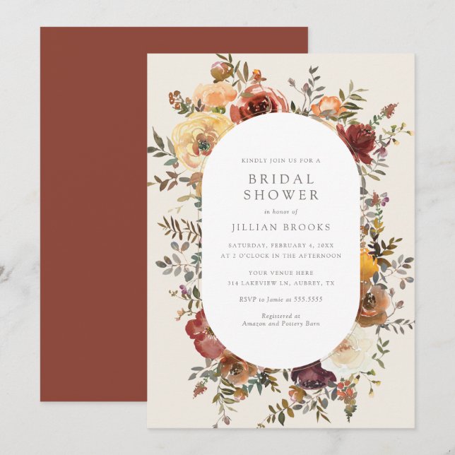 Elegant Rustic Fall Floral Bridal Shower Invitatio Invitation (Front/Back)