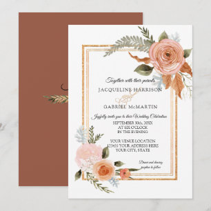 Elegant Rustic Fall Floral Terracotta Gold Wedding Invitation