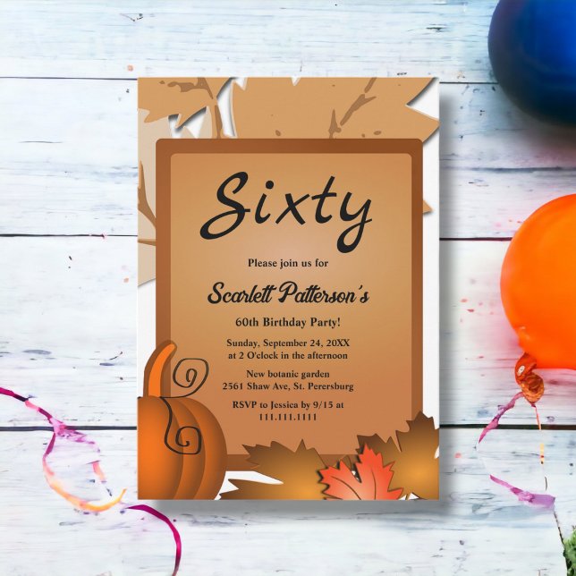 Elegant Rustic Fall Leaves Pumpkin 60th Birthday Invitation (Creator Uploaded)