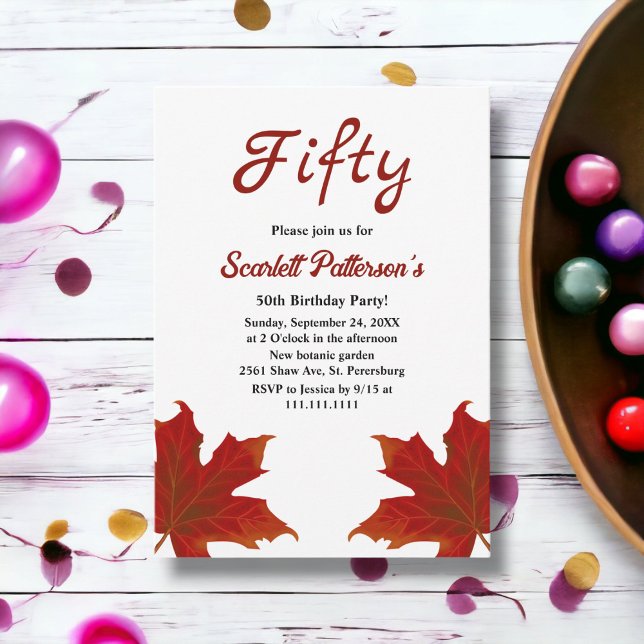 Elegant Rustic Fall Leaves Romantic 50th Birthday Invitation (Creator Uploaded)