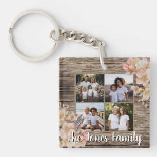 Elegant rustic floral 4 photo template keychain