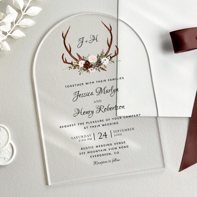 Elegant Rustic Floral Antlers Wedding Acrylic Invitations (Creator Uploaded)