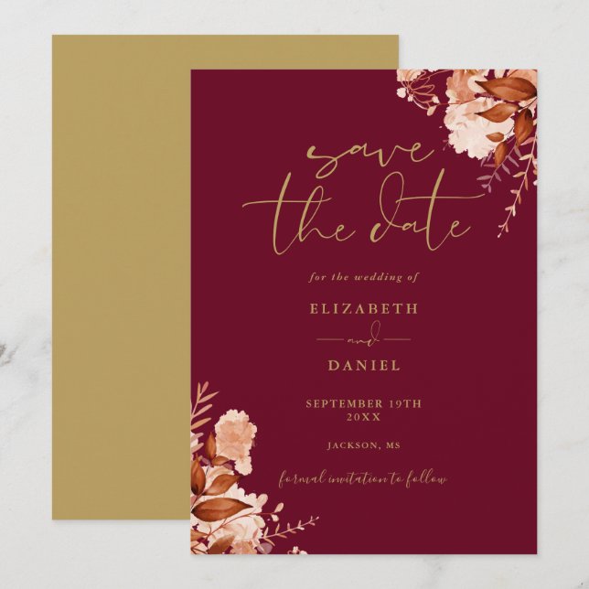 Elegant Rustic Floral Burgundy And Gold Wedding Save The Date (Front/Back)