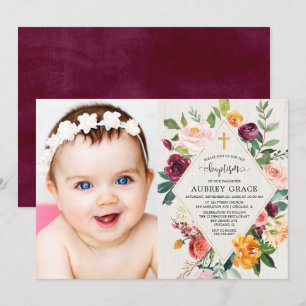 Elegant rustic floral fall foliage baptism photo invitation