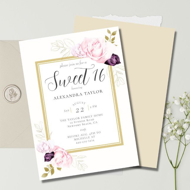Elegant Rustic Floral Frame Roses Gold Sweet 16 Invitation (Creator Uploaded)