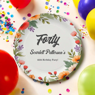 Elegant Rustic Floral Garden Summer 40th Birthday Paper Plate