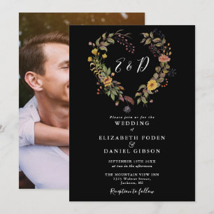 Elegant Rustic Floral Heart Photo Wedding Invitation