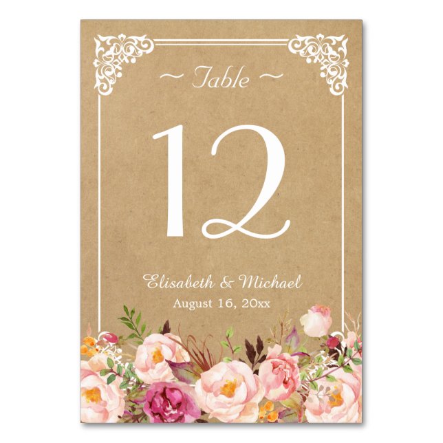 Elegant Rustic Floral Kraft Wedding Table Number (Front)