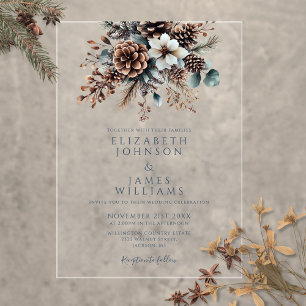 Elegant Rustic Floral Pinecone Wedding Acrylic Invitations