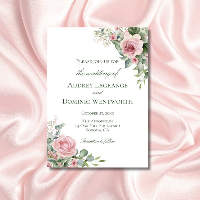 Elegant Rustic Floral Pink Roses Botanical Wedding Invitation (elegant floral wedding invitation with pink roses greenery for botanical garden themed weddings)