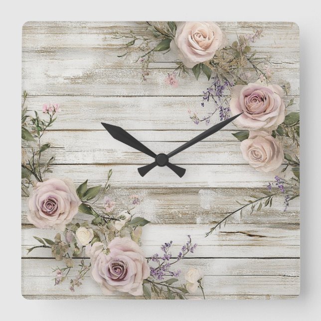 Elegant Rustic Floral Rose Wall Clock (Front)