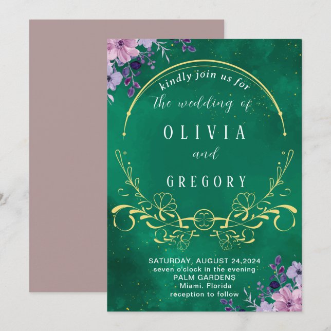 Elegant Rustic Floral  & Royal Green Wedding Invitation (Front/Back)
