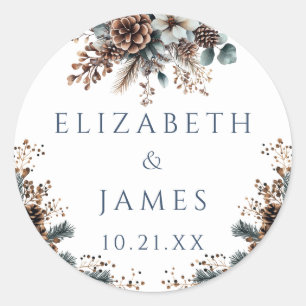 Elegant Rustic Forest Floral Pinecones Wedding Classic Round Sticker