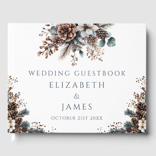 Elegant Rustic Forest Floral Pinecones Wedding Guest Book (Front)