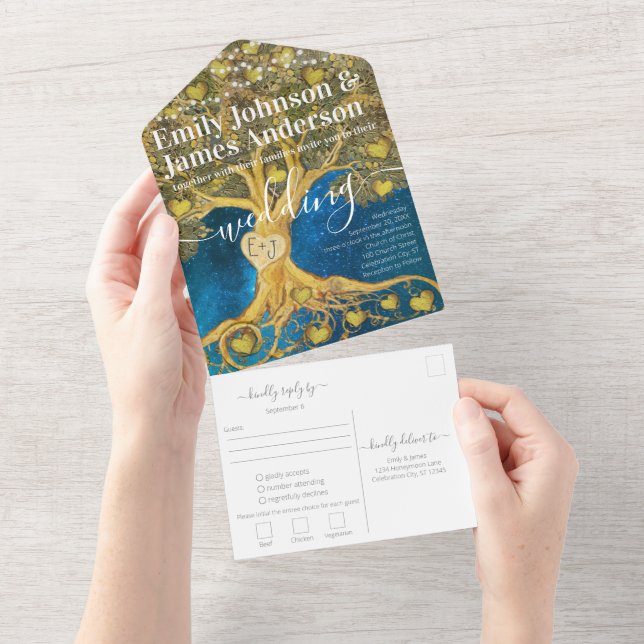 Elegant Rustic Gold Heart Leaf Tree Wedding   All In One Invitation (Tearaway)
