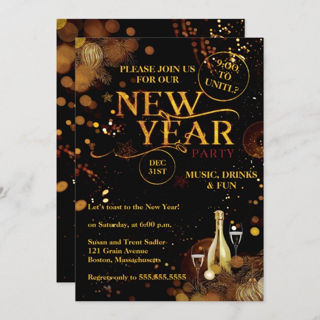 Elegant Rustic Gold New Years Eve Party Invitation (Front/Back)