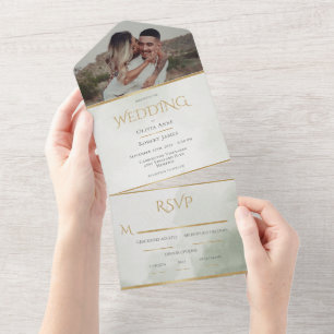 Elegant Rustic Green Gold Watercolor Photo All In One Invitation