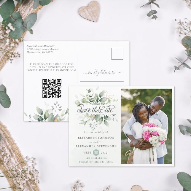 Elegant Rustic greenery eucalyptus wedding QR code Announcement Postcard (Creator Uploaded)