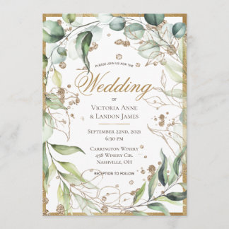 Elegant Rustic Greenery Gold Glitter Wedding Invitation