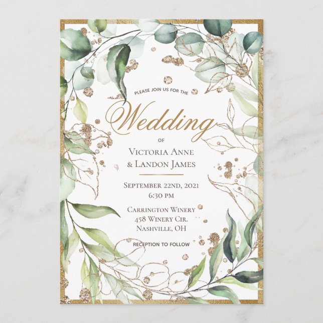 Elegant Rustic Greenery Gold Glitter Wedding  Invitation (Front)