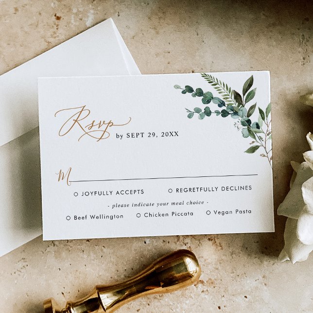 Elegant Rustic Greenery Gold Wedding Meal Options RSVP Card (Creator Uploaded)