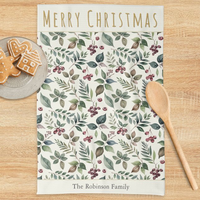 Elegant Rustic Greenery Personalized Christmas Kitchen Towel (A festive kitchen towel with 'Merry Christmas' greeting, greenery, red berries and custom text)