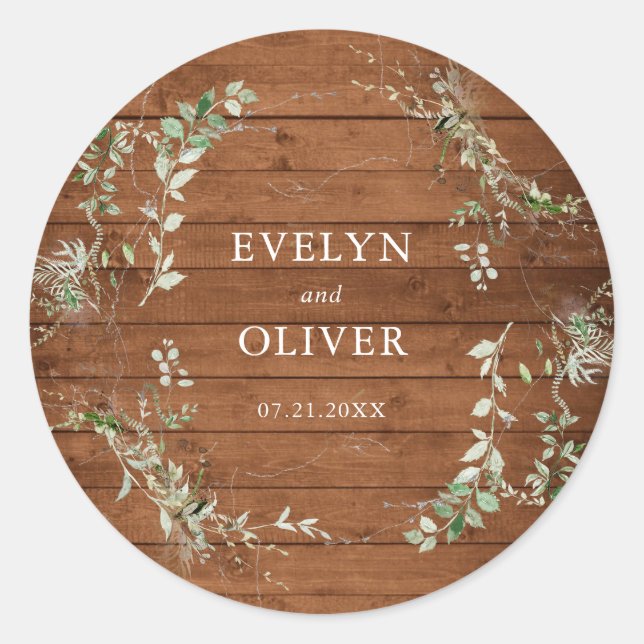 Elegant Rustic Greenery Wedding Classic Round Sticker (Front)