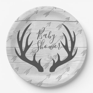 Elegant Rustic Grey Antlers & White Wood Paper Plate