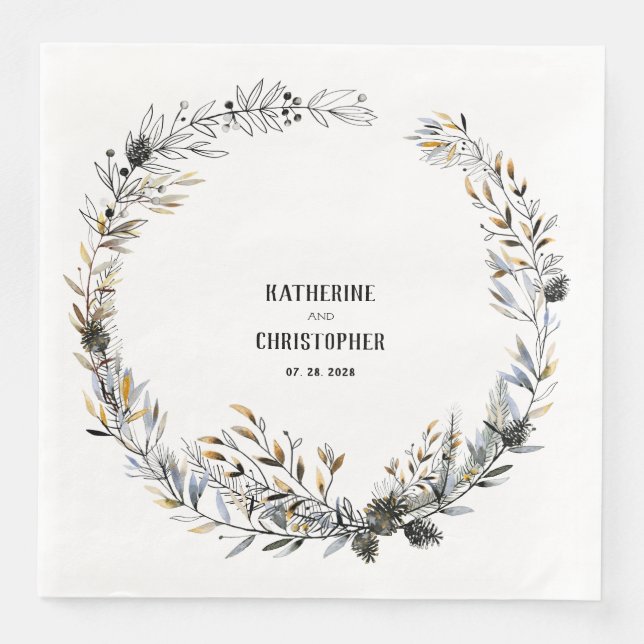 Elegant Rustic Hand Drawn Winter Wreath Pine Cones Napkin (Front)