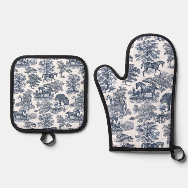 Elegant Rustic Horses Blue Toile   Oven Mitt & Pot Holder Set (Front)