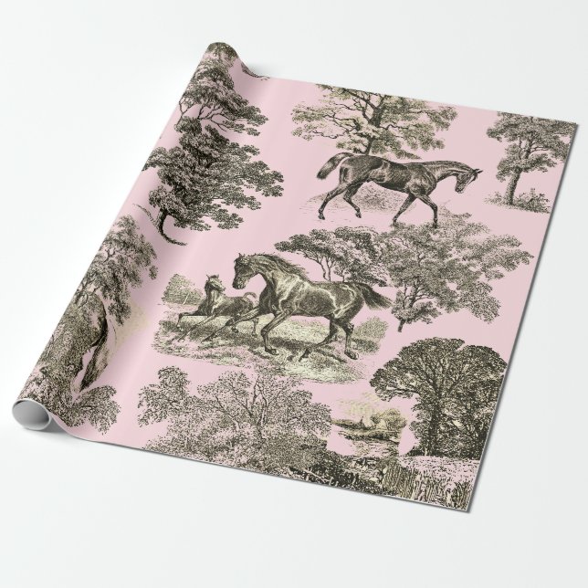 Elegant Rustic Horses Pink Beige Toile Seamless Wrapping Paper (Unrolled)